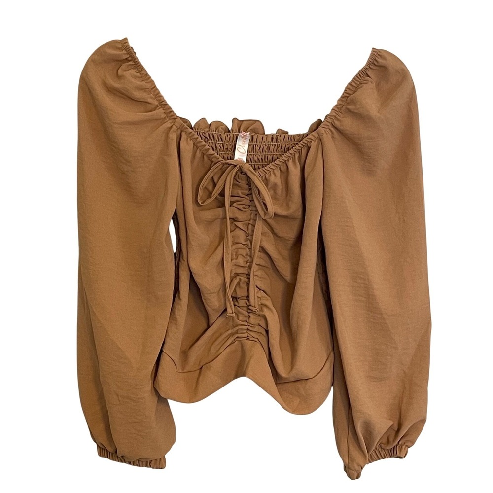 Clarita Brown Smocked Ruched Square Neck Long Sleeve Peasant Blouse Top Milkmaid